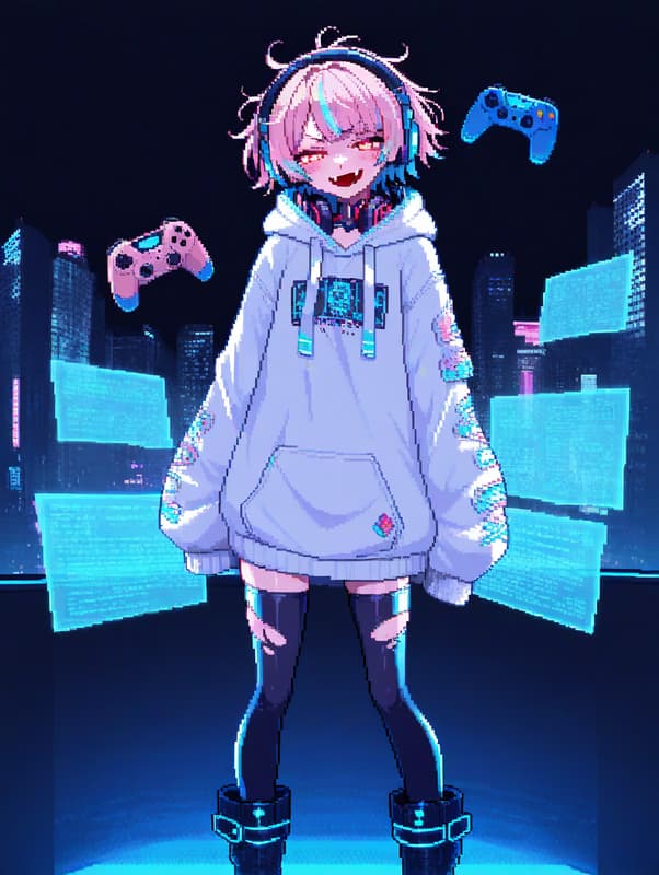 Charakterbild - Happy and playful expression, standing in a cyberpunk city at night, wearing a light purple hoodie w