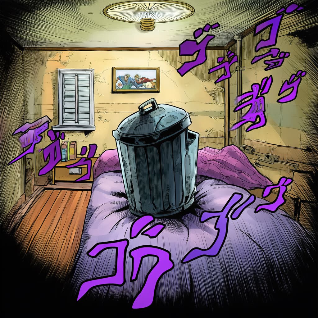 캐릭터 이미지 - nude on bed, legs spread, trash can on chest, purple sound effects, chaotic and absurd atmosphere