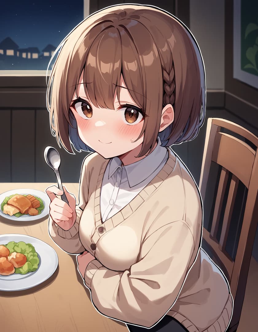 Karakter görseli - sitting at table in cozy room, smiling shyly while holding spoon, wearing beige cardigan over white