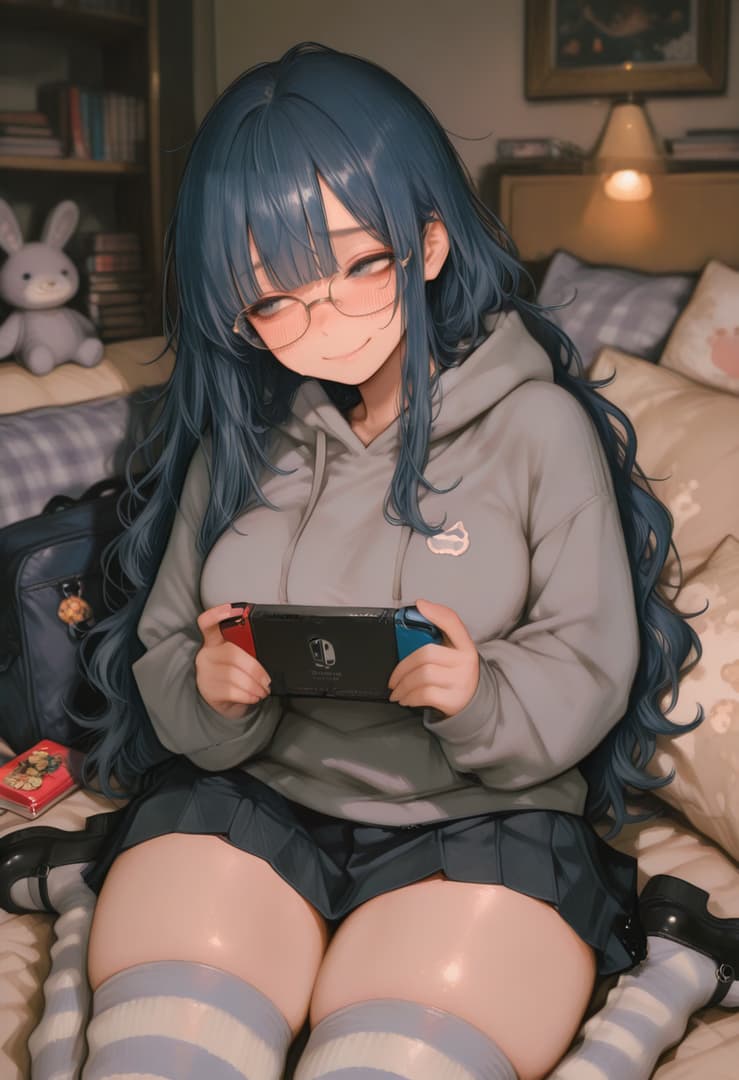 캐릭터 이미지 - sitting on bed in cozy bedroom, wearing grey hoodie and black pleated skirt, holding Nintendo Switch