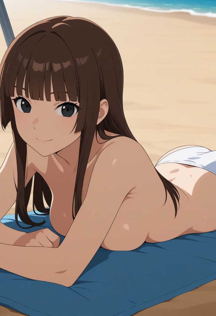 Obraz postaci - topless on beach, lying on blue towel, breasts exposed, legs slightly spread, smiling seductively, s
