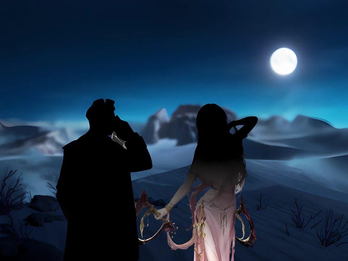 Hình ảnh nhân vật - two silhouetted figures standing in a snowy landscape under a full moon, one holding a weapon, the o