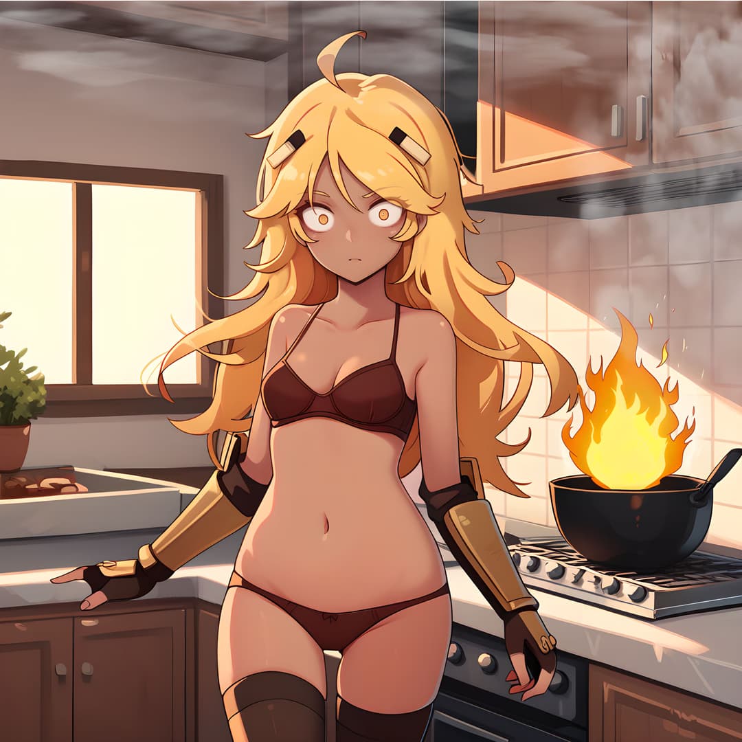 Gambar karakter - in kitchen, blonde hair, wearing brown bra and panties, arm guards, wide-eyed expression, cooking fi