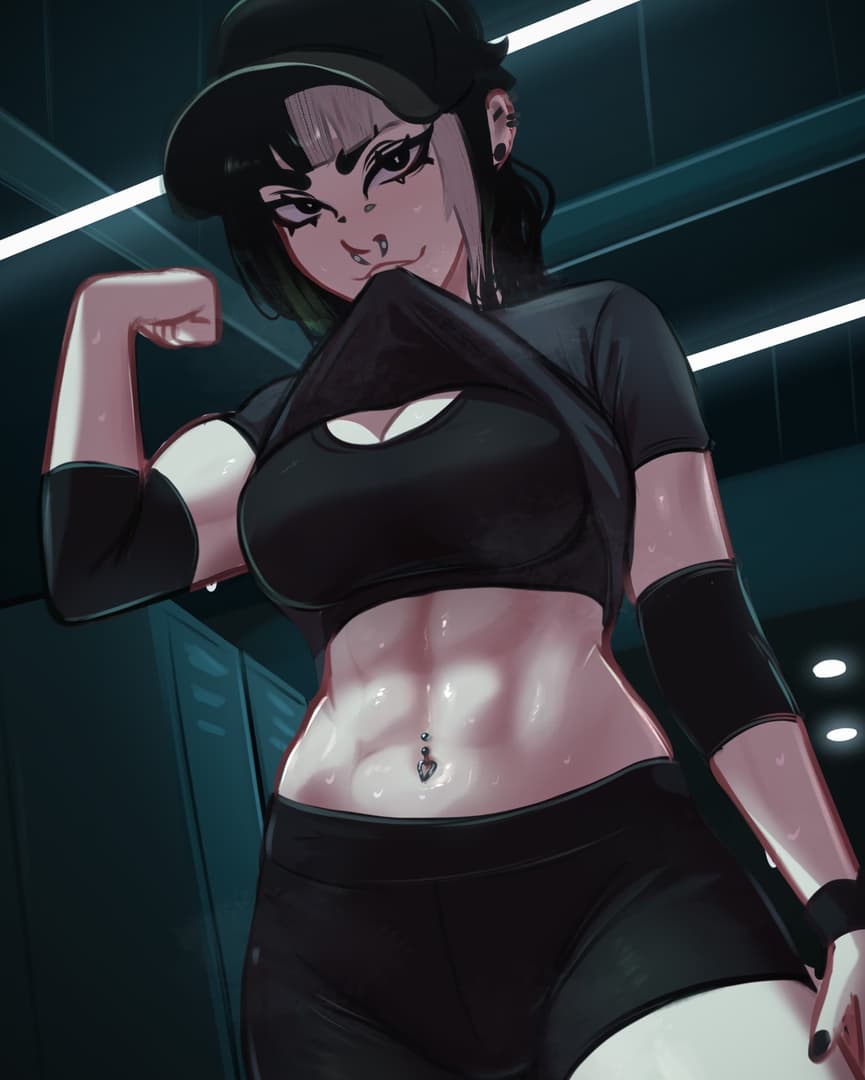 صورة الشخصية - confident and seductive expression, flexing bicep, wearing black crop top and shorts with cap, sweat