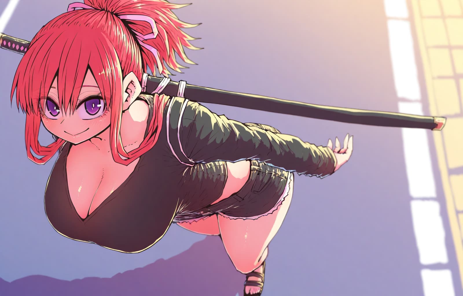 캐릭터 이미지 - Red-haired anime girl with purple eyes, smiling seductively, holding a sword over her shoulder, wear