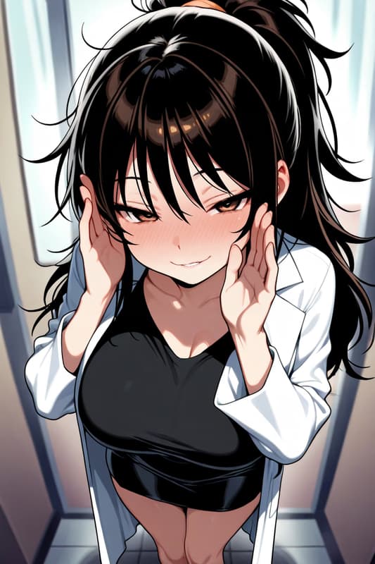 Charakterbild - in elevator, wearing lab coat over black top and shorts, hands cupping cheeks, blushing, seductive s