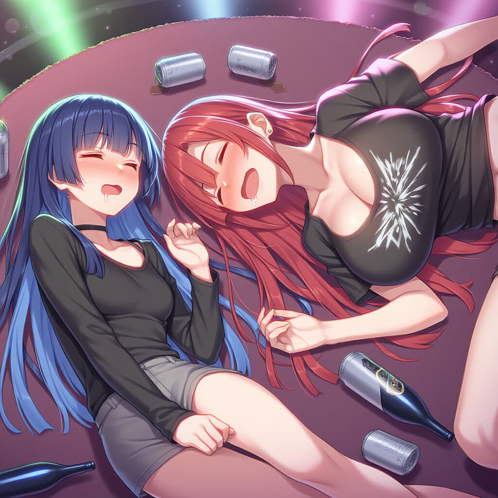 Image du personnage - Two women lying on the floor, both drunk and passed out. Blue-haired woman on left, wearing a black