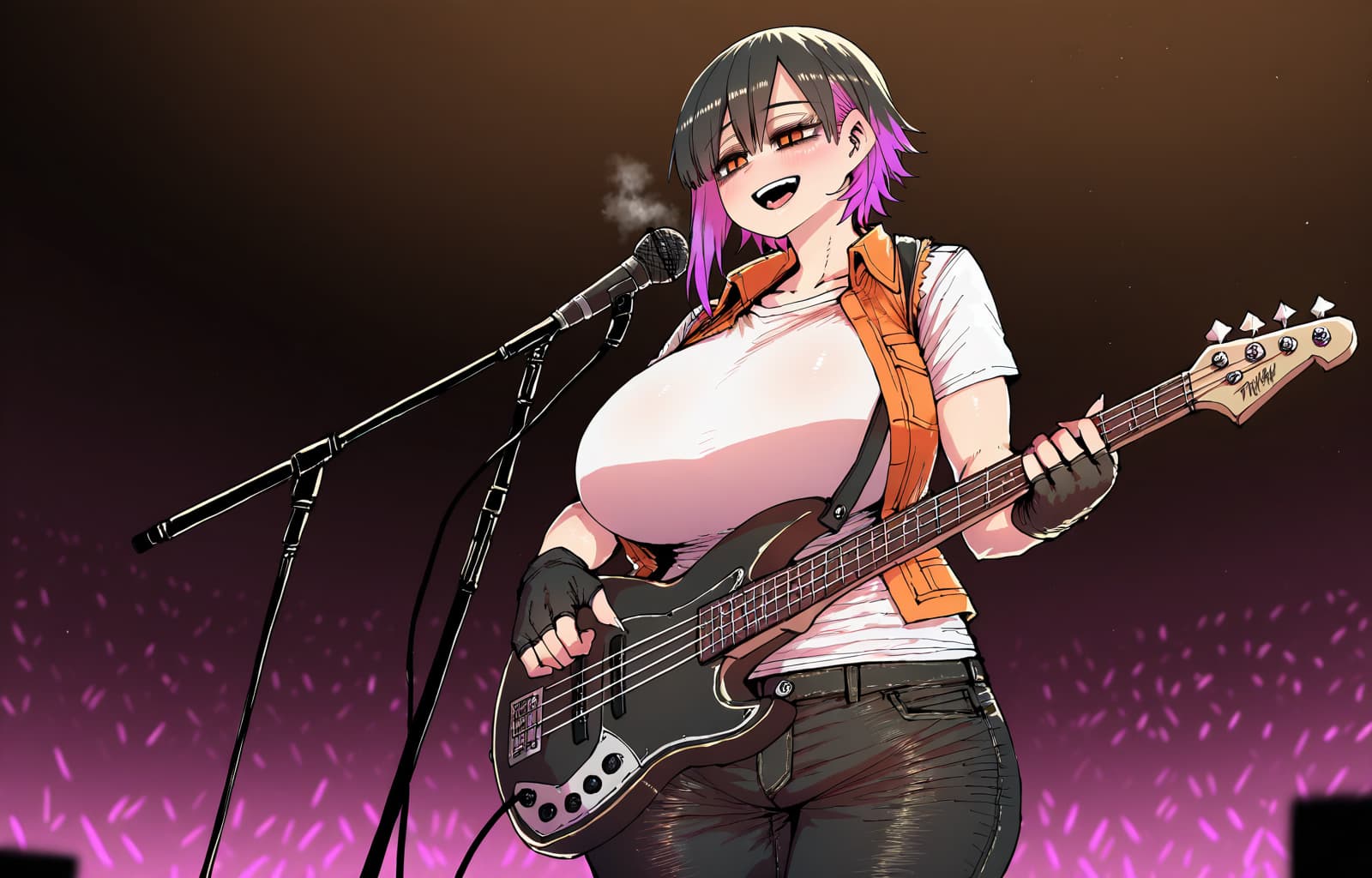 Charakterbild - Playing bass guitar on stage, smiling with eyes closed, wearing white shirt, orange vest, black pant