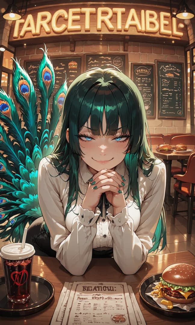 Immagine del personaggio - sitting in cafe, smiling shyly with hands clasped, green hair, peacock feathers, wearing white shirt