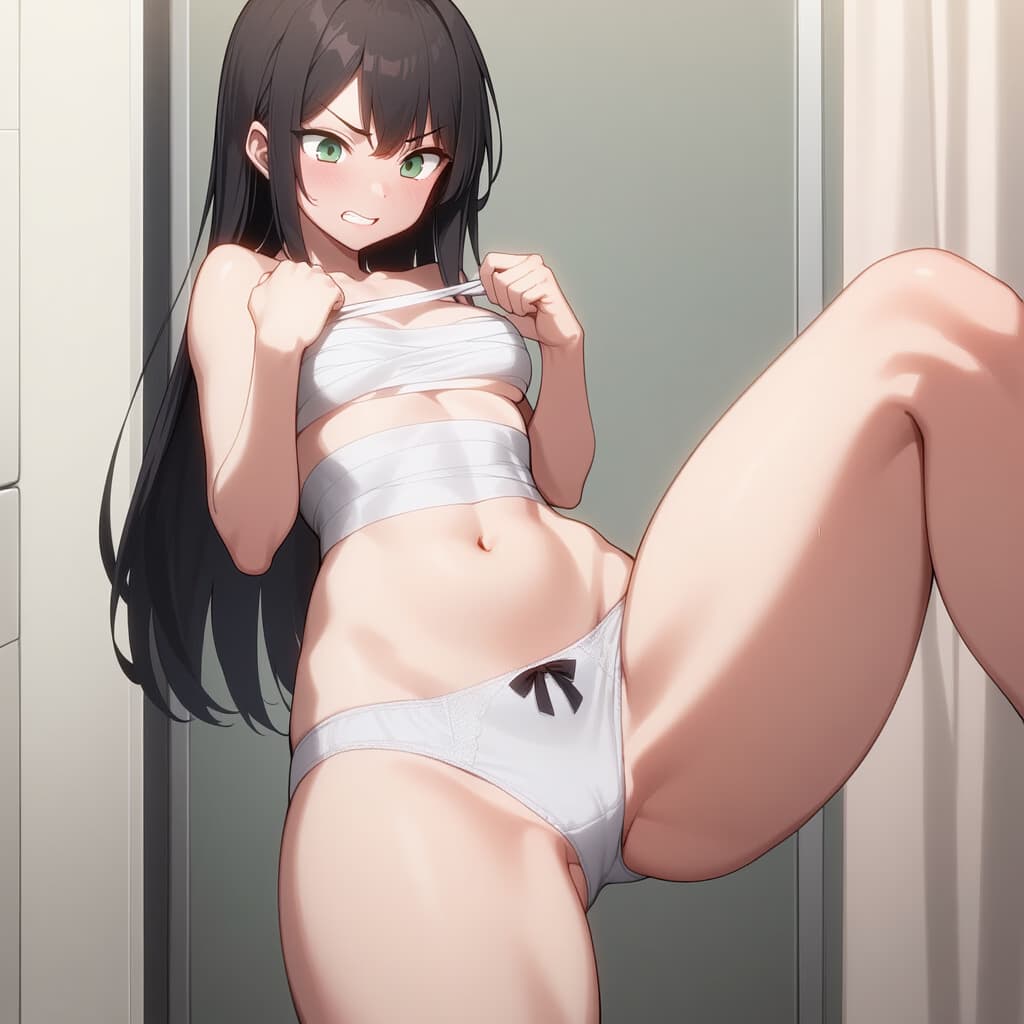 Charakterbild - nude in bedroom, legs spread wide, hands pulling off white underwear, seductive expression, blushing