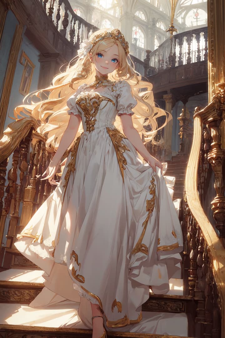 รูปภาพตัวละคร - elegant woman in white and gold gown, standing on grand staircase, smiling gently, long blonde hair