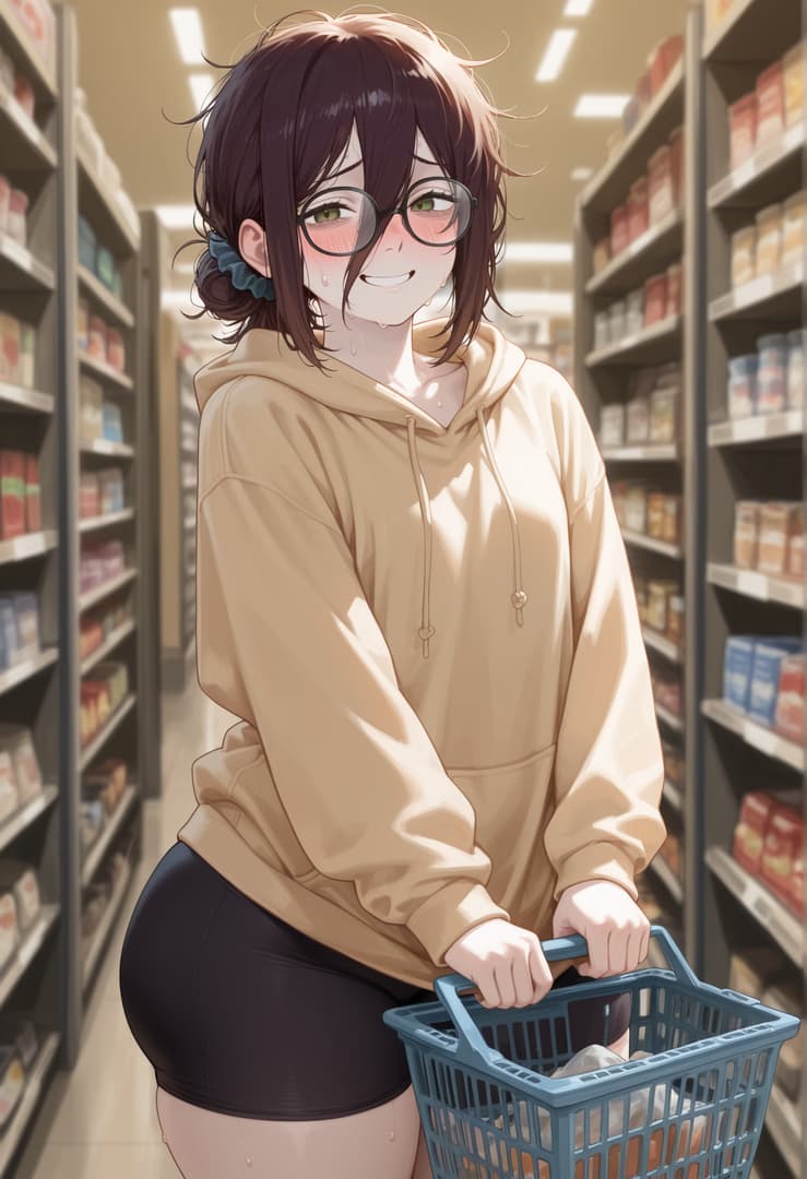 Charakterbild - in grocery store aisle, wearing beige hoodie and black shorts, holding shopping basket, blushing wit