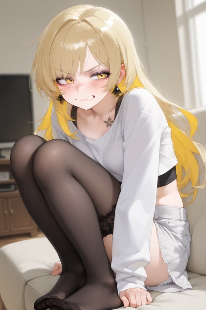 किरदार इमेज - sitting on couch, legs spread, wearing white shirt and black stockings, revealing underwear, seducti