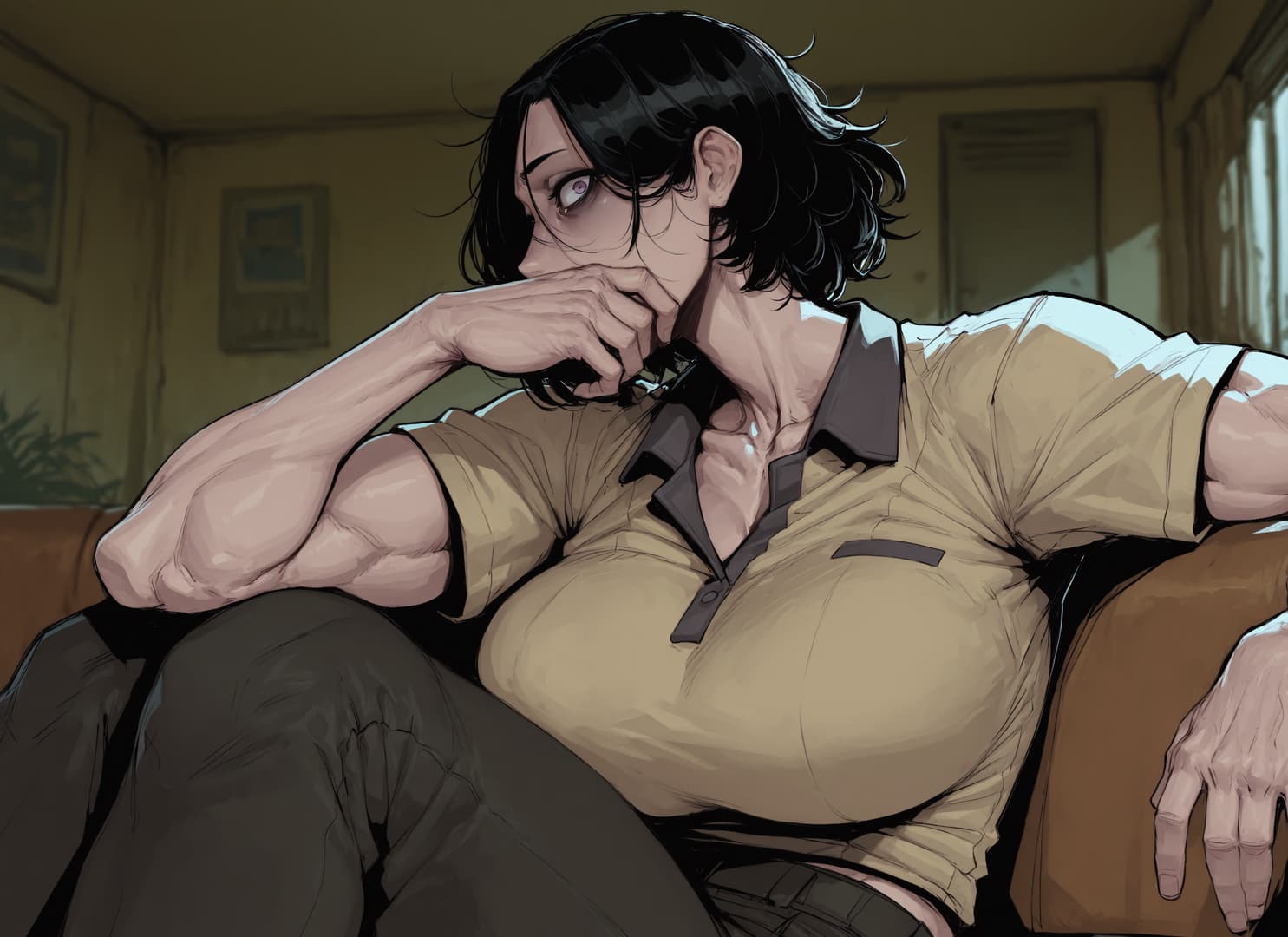 캐릭터 이미지 - sitting on couch, muscular build, wearing beige shirt and dark pants, hand covering mouth, intense g