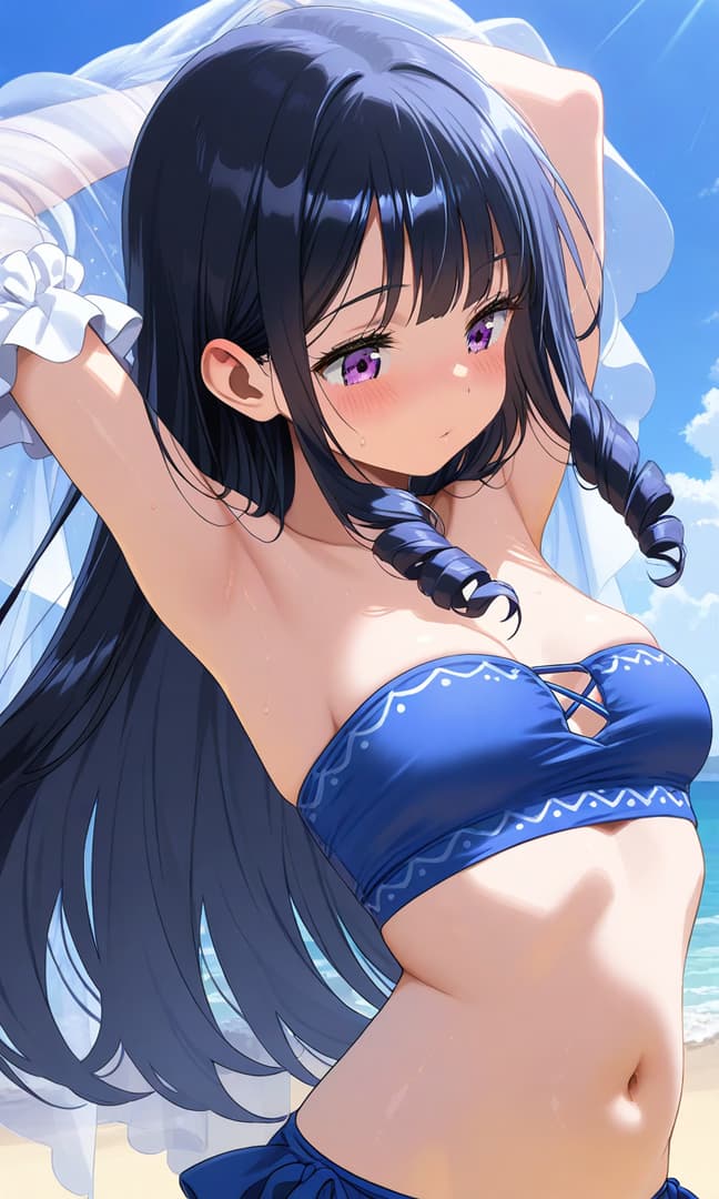 Image du personnage - at beach in blue bikini, happy and playful expression, arms raised, wet hair, breasts exposed, playf