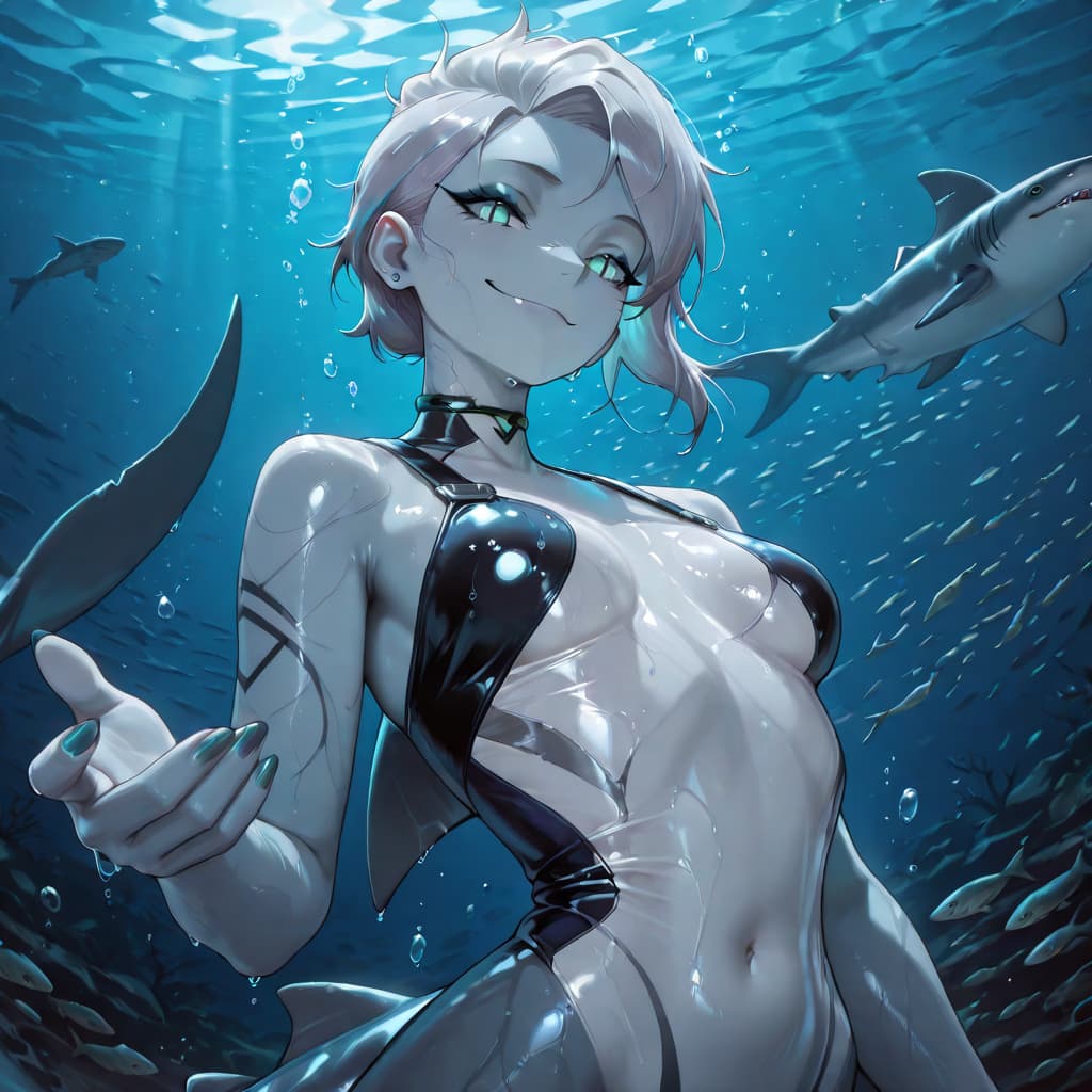 Charakterbild - nude underwater, wet skin glistening, breasts and genitals visible, seductive expression with smirk,