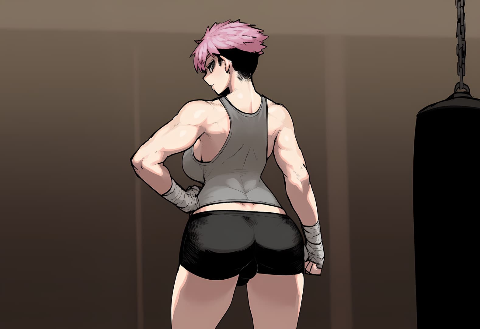 صورة الشخصية - muscular woman with pink hair, wearing gray tank top and black shorts, standing in gym with hands on