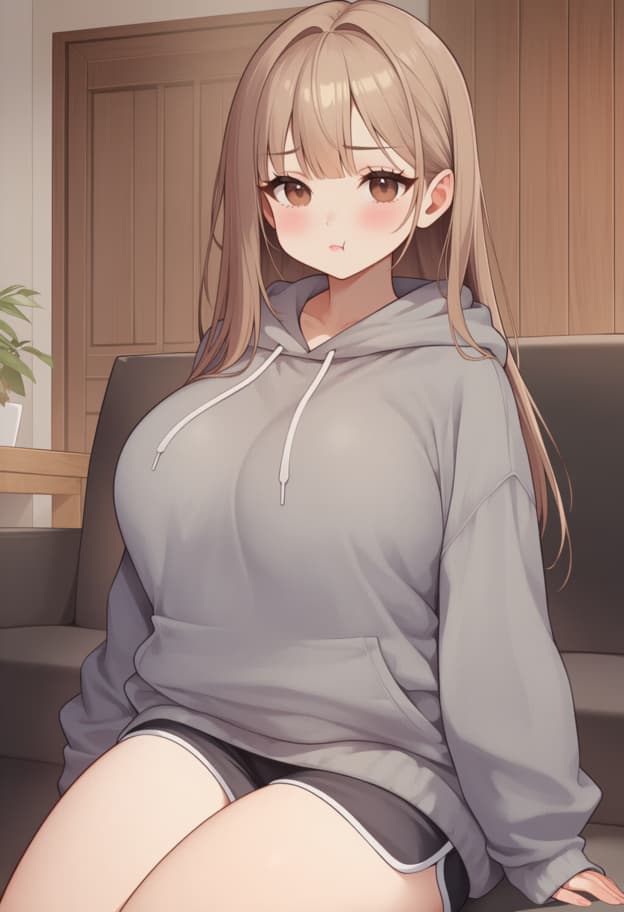 Karakter görseli - sitting on couch, wearing oversized gray hoodie and black shorts, shy expression with blush, legs sl