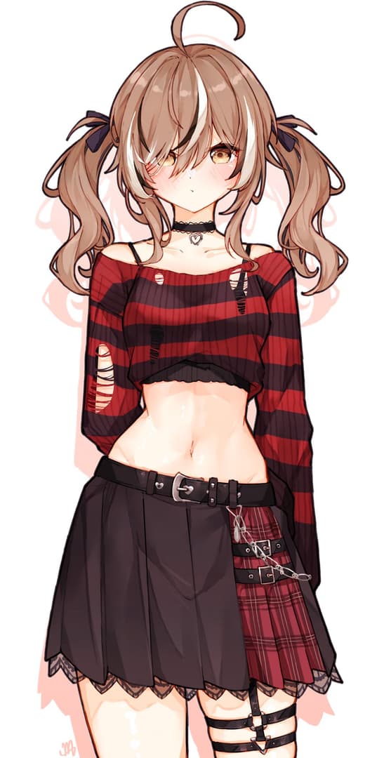 캐릭터 이미지 - standing, fully clothed, wearing ripped red and black striped crop top, black pleated skirt with red