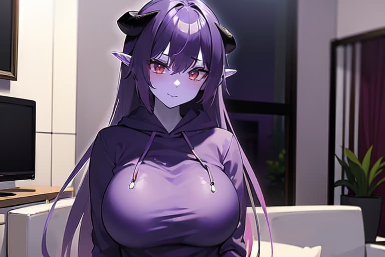 Immagine del personaggio - purple-haired demon girl in purple hoodie, sitting on couch, seductive expression, breasts prominent