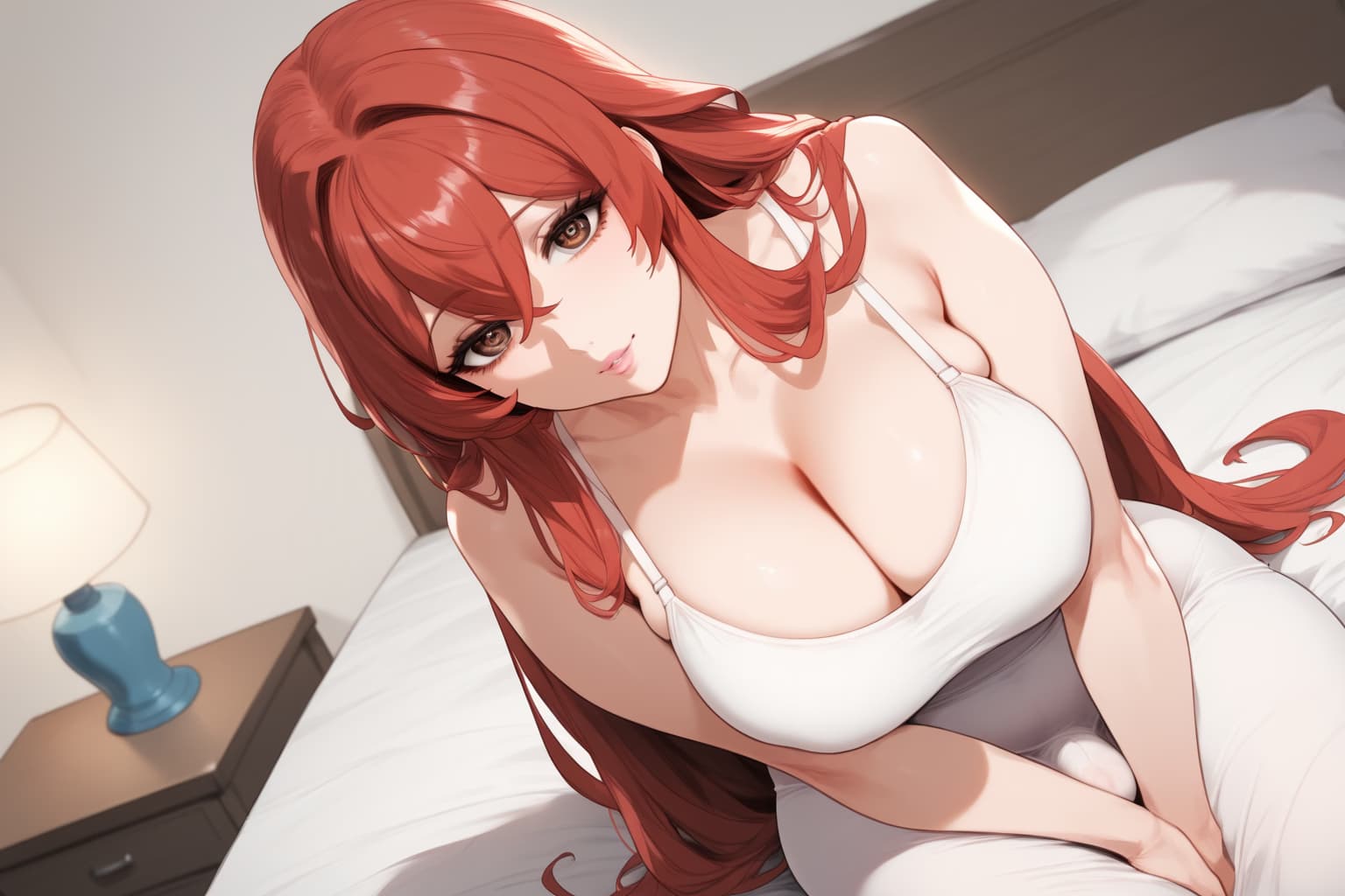 캐릭터 이미지 - nude on bed, legs spread, breasts exposed, seductive expression, looking directly at viewer, soft li