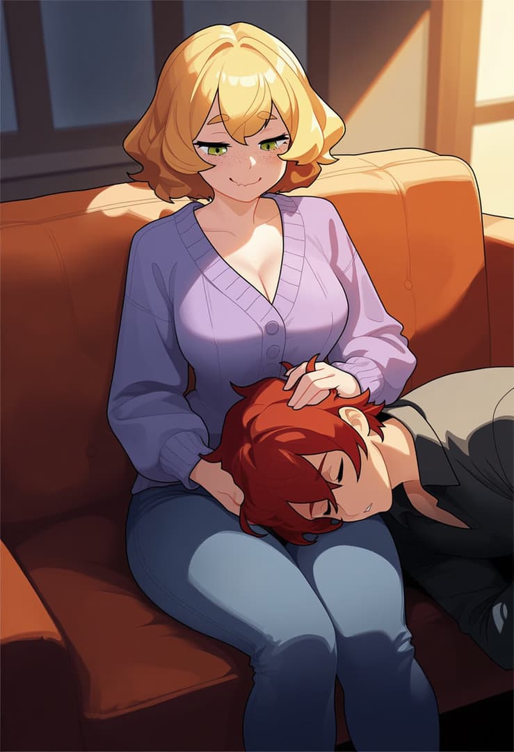 Изображение персонажа - woman sitting on couch, smiling seductively, holding red-haired man's head on her lap, both fully cl