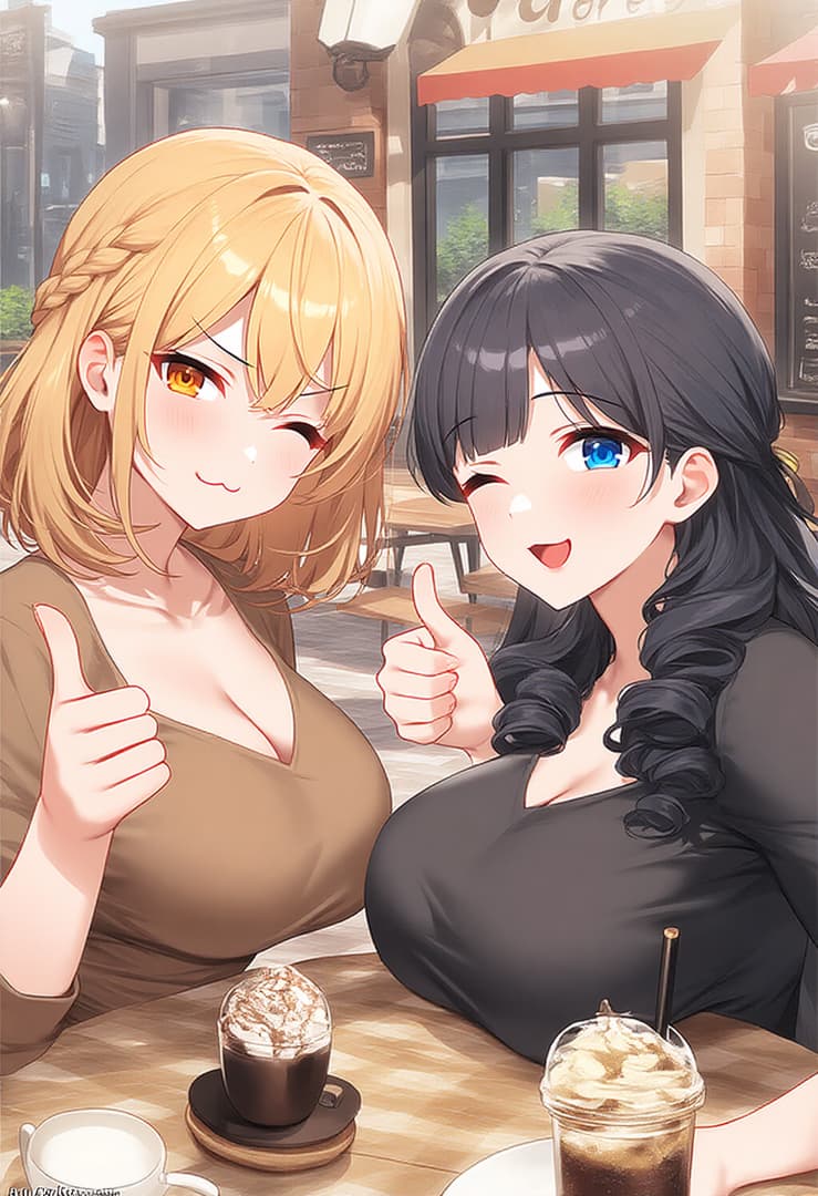 Charakterbild - Two women sitting at a cafe table, both giving thumbs up with happy, playful expressions. Blonde wom
