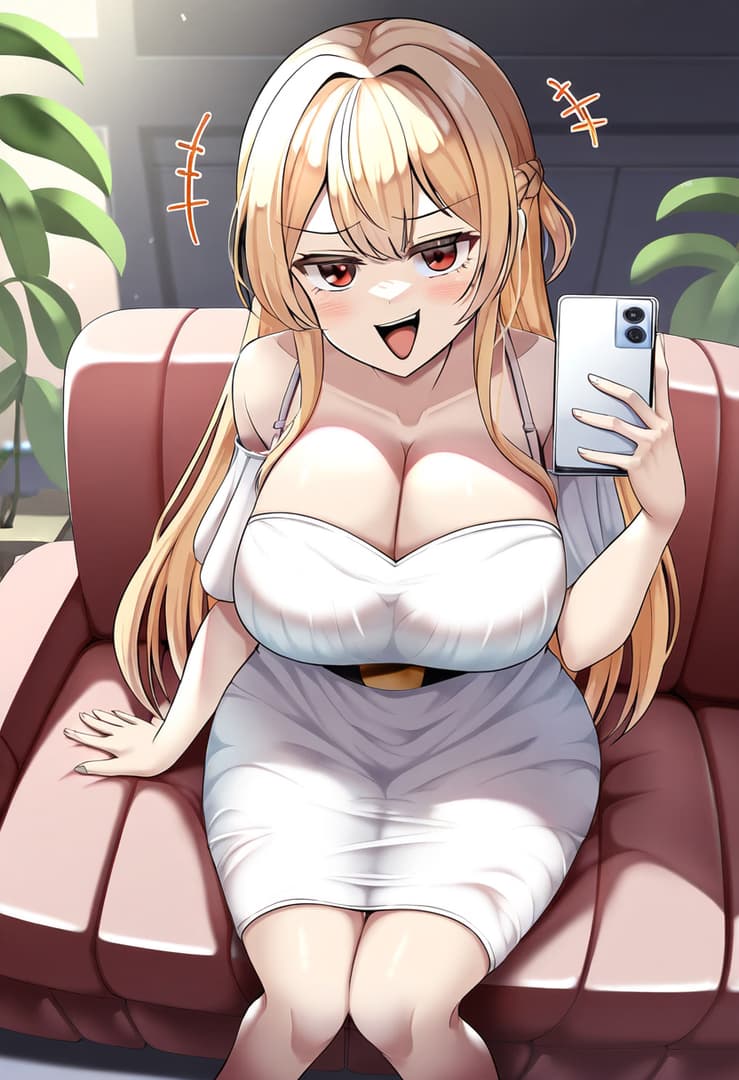 รูปภาพตัวละคร - sitting on couch, holding phone, smiling excitedly, wearing white strapless dress, breasts fully exp