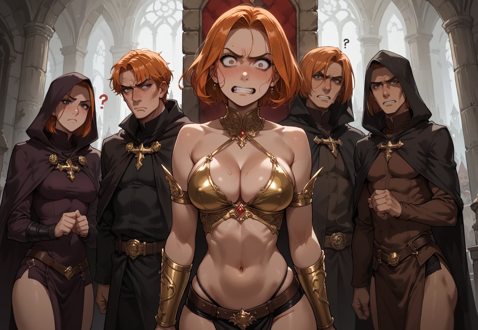 صورة الشخصية - angry expression, standing in a cathedral, wearing gold armor top and belt, breasts exposed, surroun