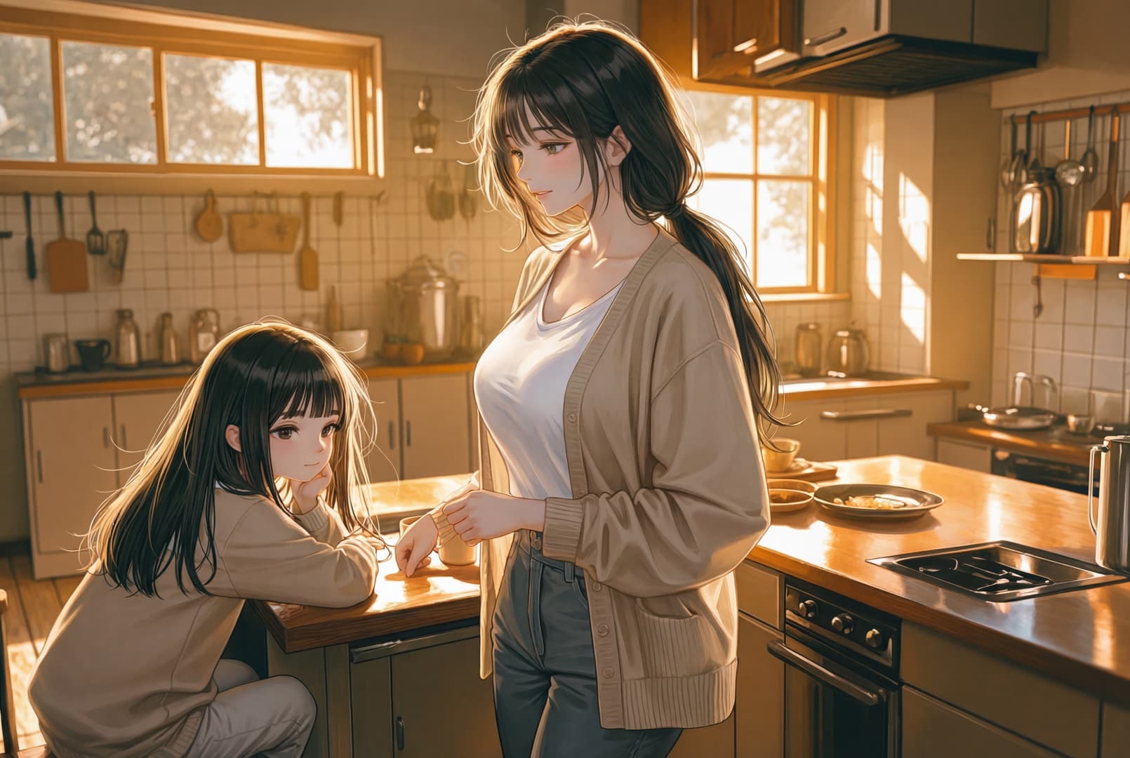Immagine del personaggio - cozy kitchen, warm sunlight, two women, one sitting on counter looking up with shy smile, other stan
