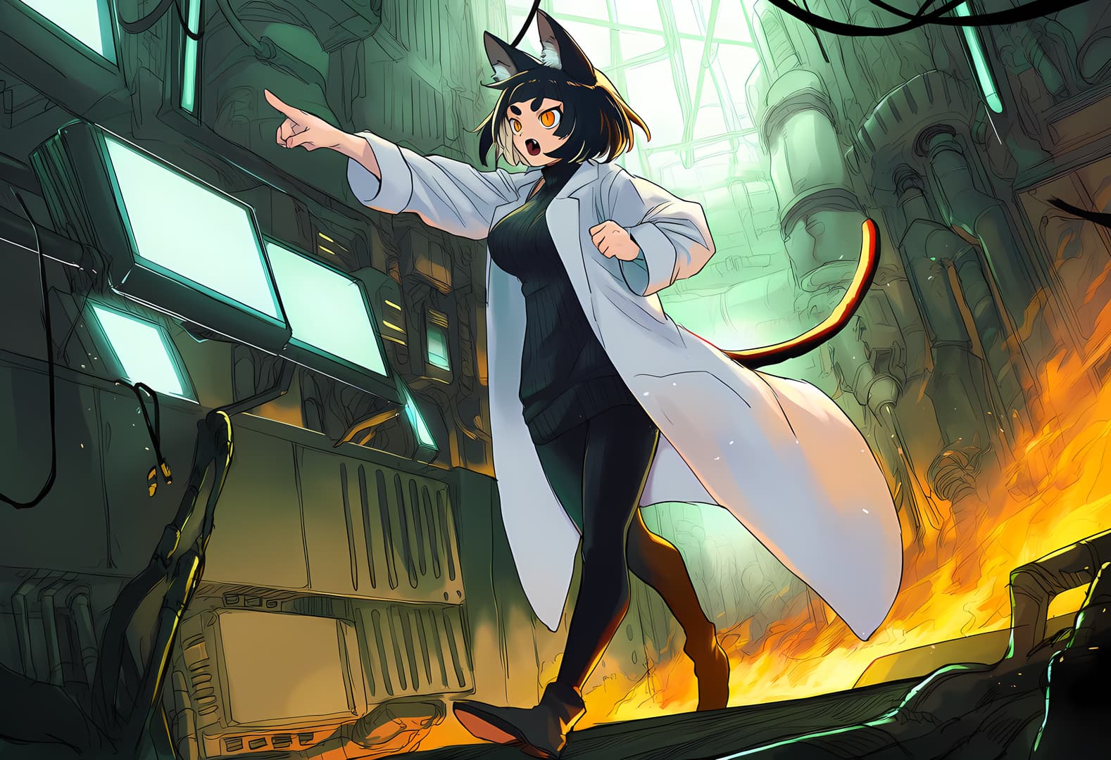 Imagen del personaje - angry expression, pointing finger, wearing white lab coat over black outfit, cat ears and tail, stan