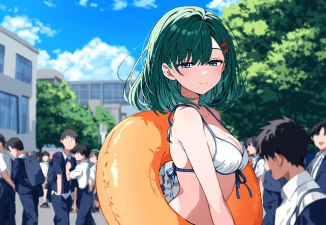 Obraz postaci - in schoolyard, green-haired girl in white bikini, holding orange floatie, smiling playfully, breasts