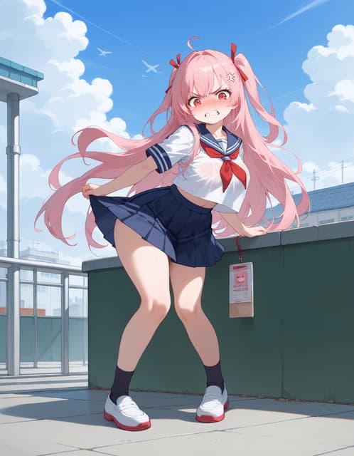 รูปภาพตัวละคร - angry expression, hands on skirt lifting it, pink hair, school uniform, outdoors on rooftop, fully c