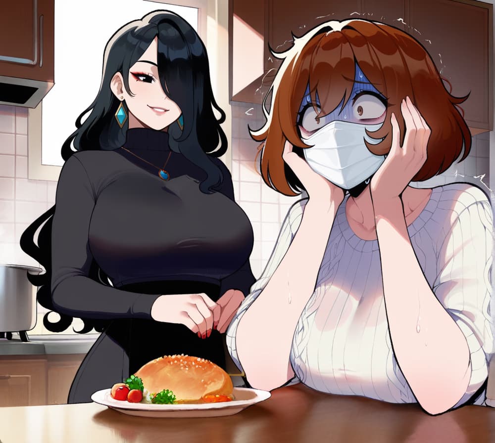 صورة الشخصية - In kitchen, one woman with long black hair smiling seductively while holding a plate with a roasted
