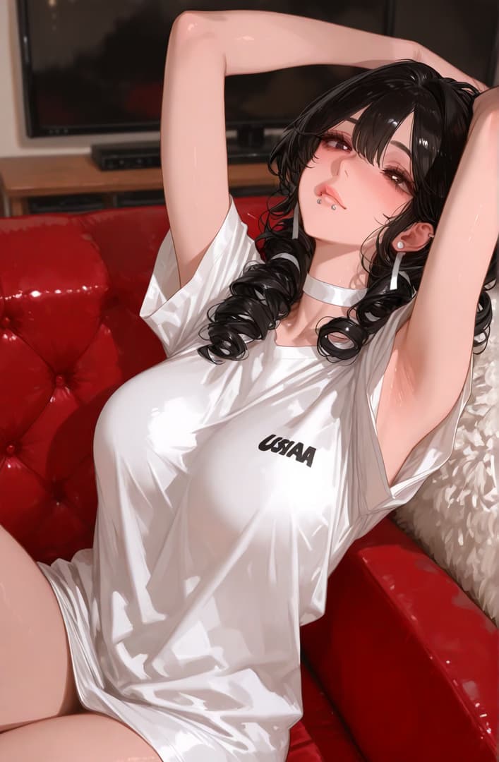 Karakter görseli - Sitting on red couch, wearing wet white t-shirt with "USIAA" text, arms raised behind head, seductiv