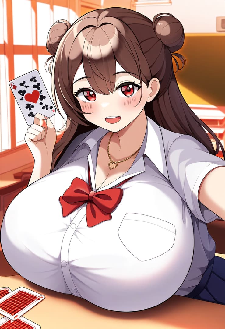 Immagine del personaggio - sitting at desk, holding playing cards, playful and mischievous expression, wearing school uniform w