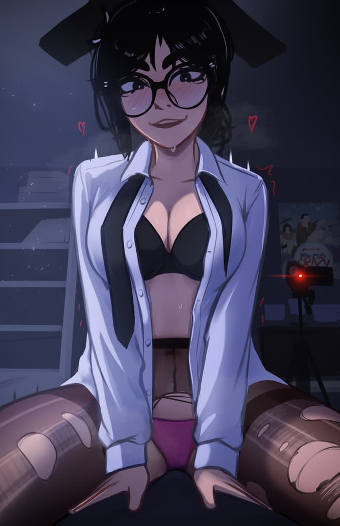 캐릭터 이미지 - seductive expression, sitting with legs spread, wearing unbuttoned shirt over black bra and purple u