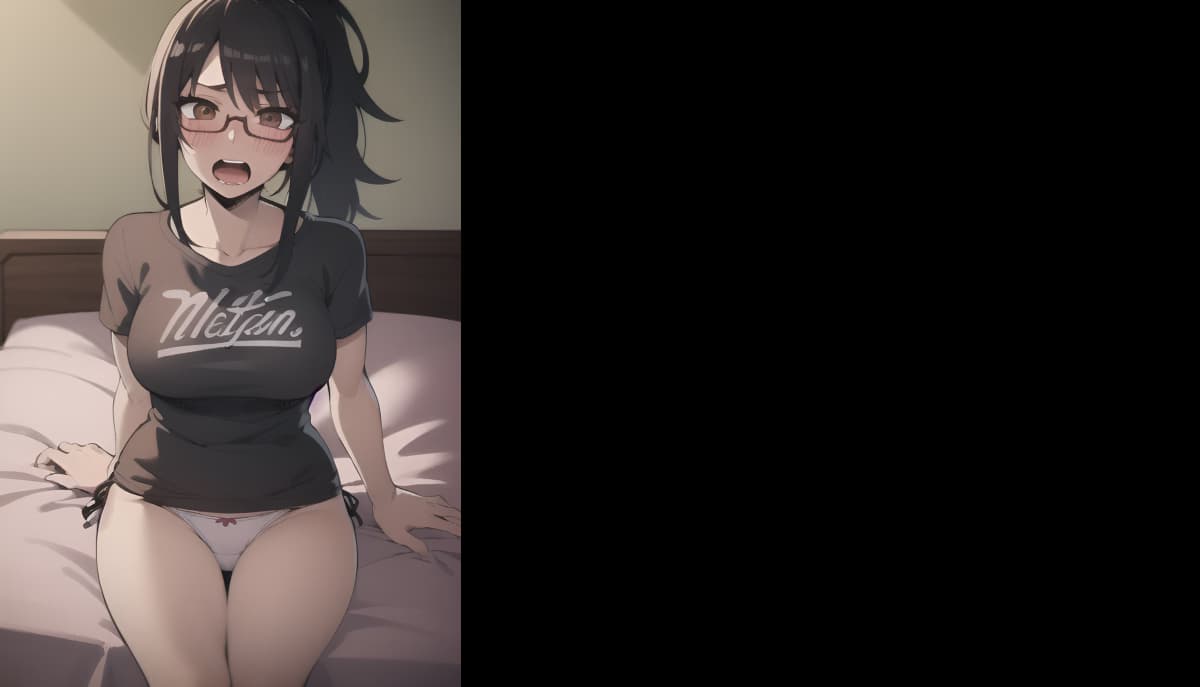 Gambar karakter - nude on bed, legs spread, breasts and genitals visible, blushing and aroused expression