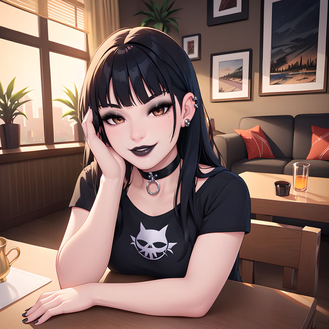 Charakterbild - sitting at a table in a cozy living room, resting her chin on her hand with a seductive smile, weari
