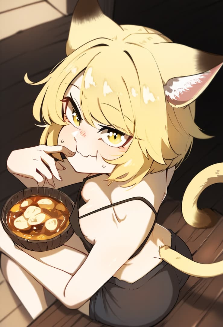 캐릭터 이미지 - cat-eared girl with blonde hair, sitting in a wooden room, holding a bowl of stew, wearing a black t