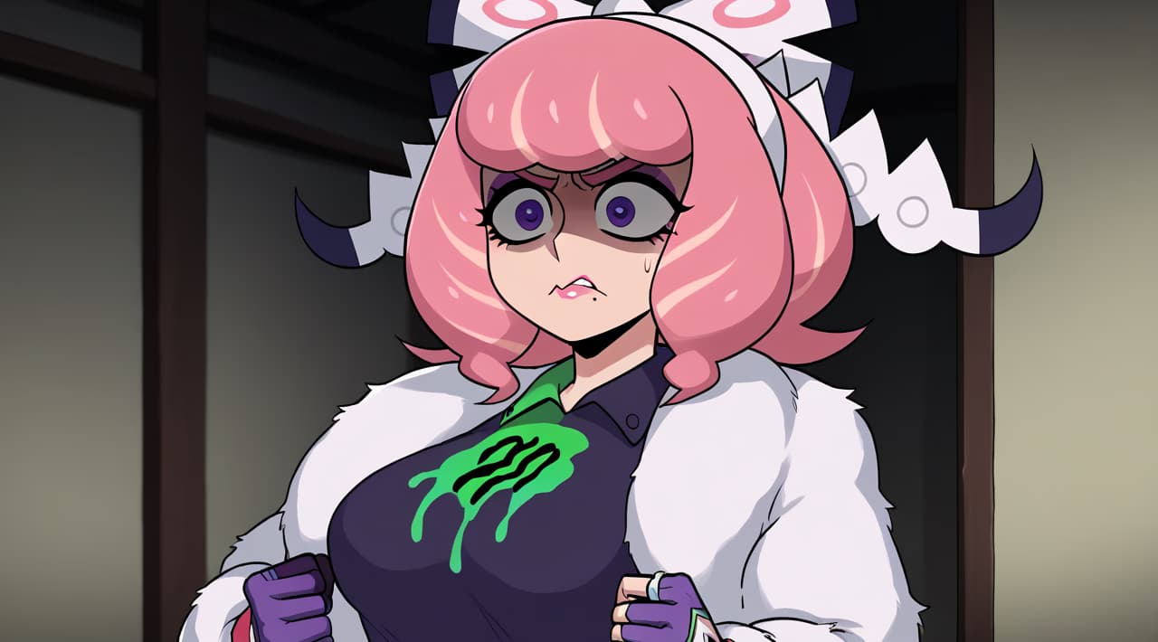 Immagine del personaggio - angry expression with wide eyes and clenched fists, wearing a black top with green slime design and