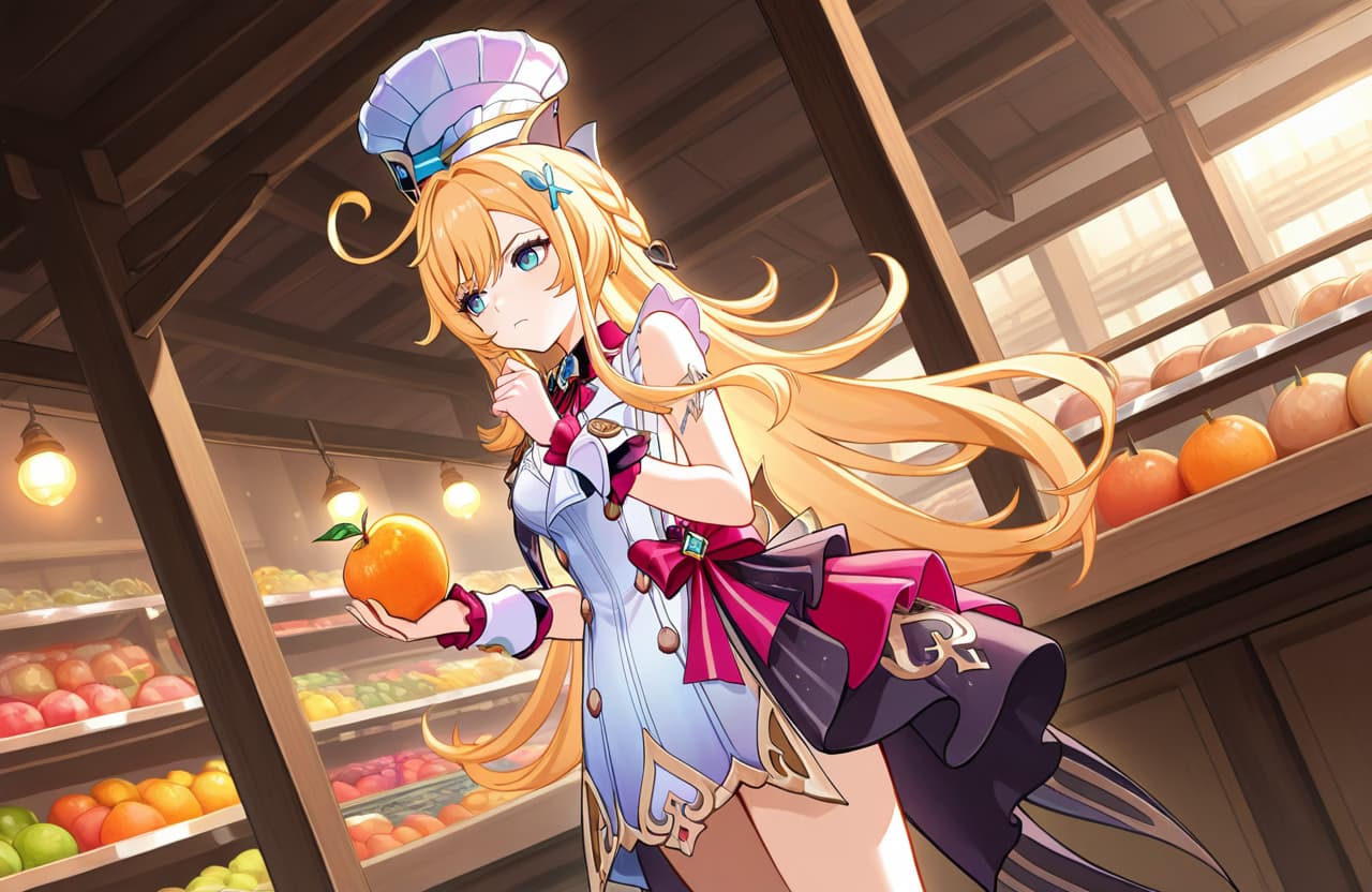Obraz postaci - In a fruit market, a cheerful girl with long blonde hair and a chef's hat holds an orange, smiling p