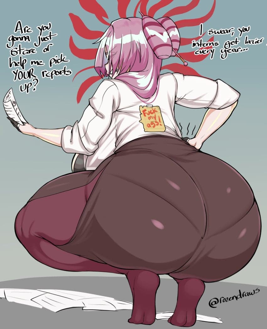 Obraz postaci - nude from behind, squatting with large buttocks prominent, pink hair in twin buns, wearing white shi