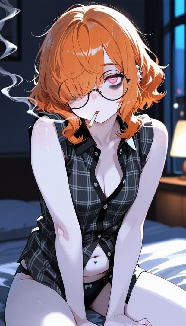 صورة الشخصية - nude on bed, legs spread, smoking cigarette, seductive expression, short orange hair, glasses, black