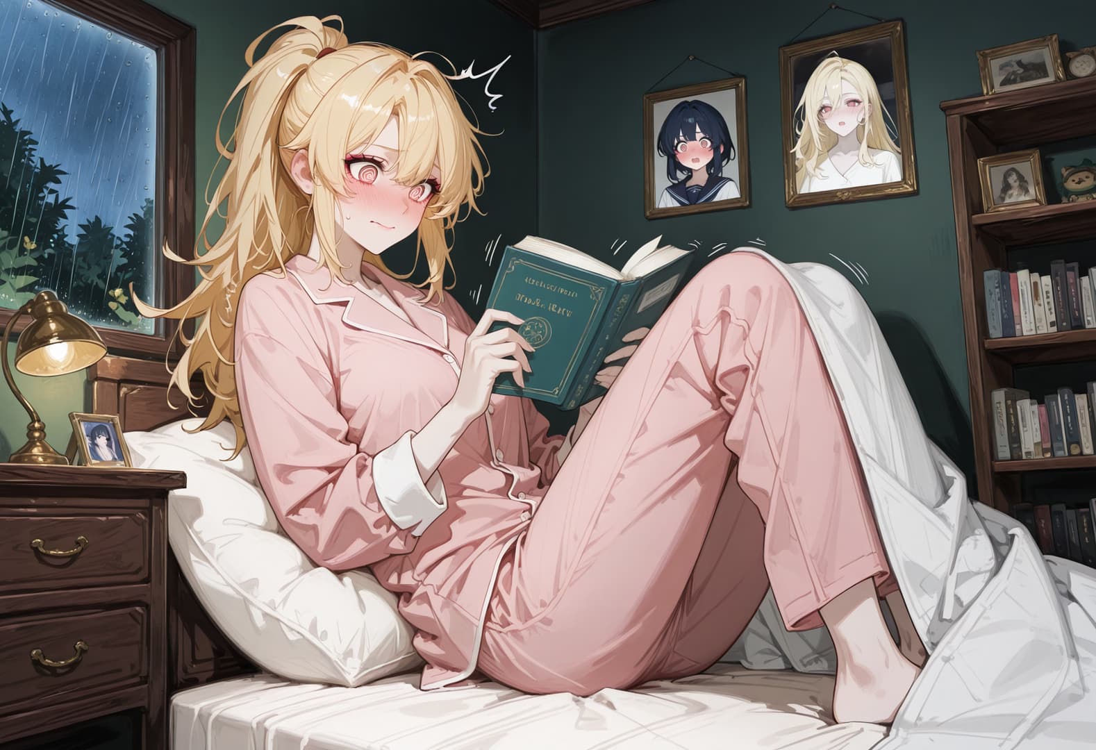 Karakter görseli - seductive expression, sitting on bed in pink pajamas, legs spread, reading book, blushing, bedroom s