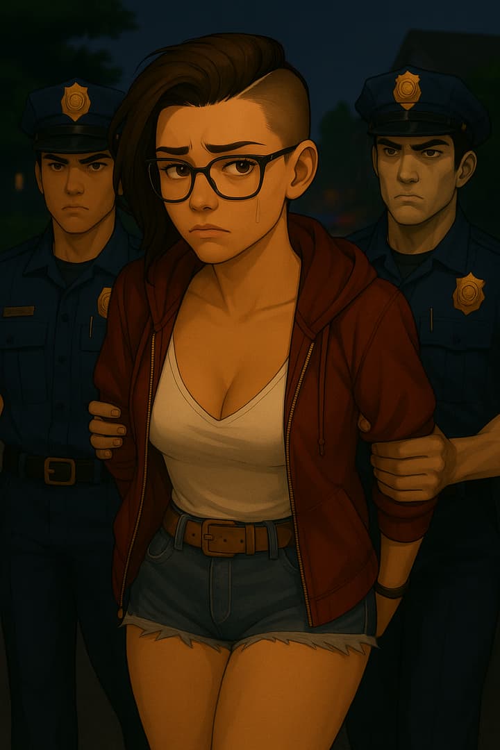 Immagine del personaggio - sad expression, being arrested by two police officers, wearing glasses, white tank top, red hoodie,