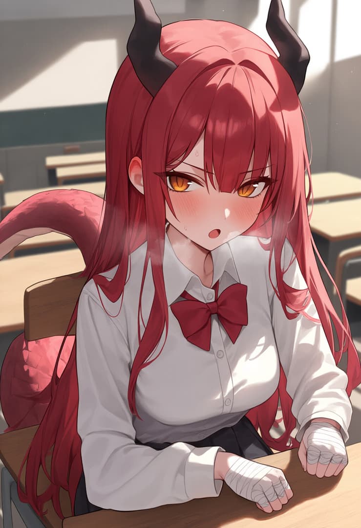 Charakterbild - shy expression in classroom, sitting at desk, red hair with horns and tail, white shirt with red bow