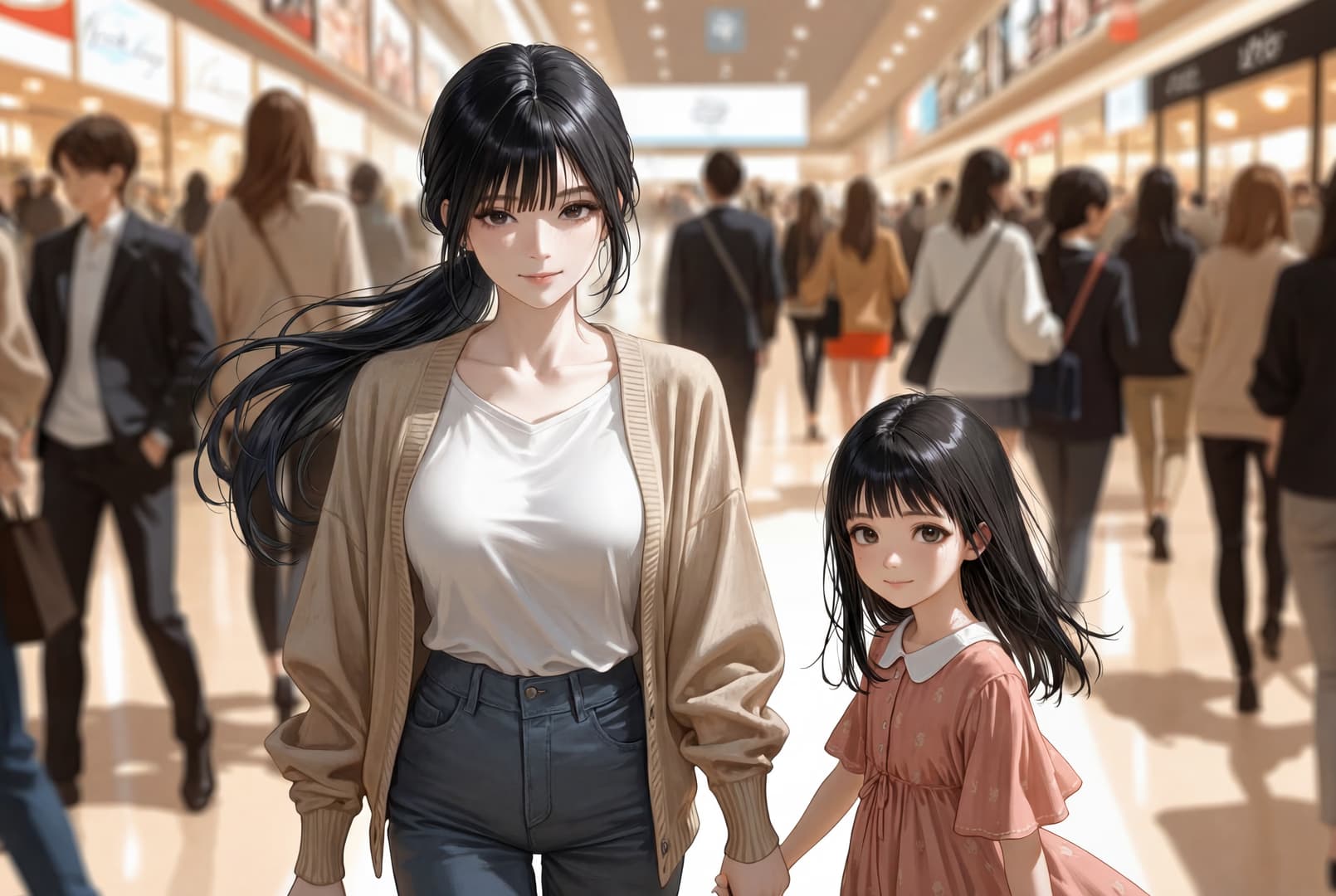 Immagine del personaggio - woman and young girl holding hands in shopping mall, both smiling gently, fully clothed, warm and co