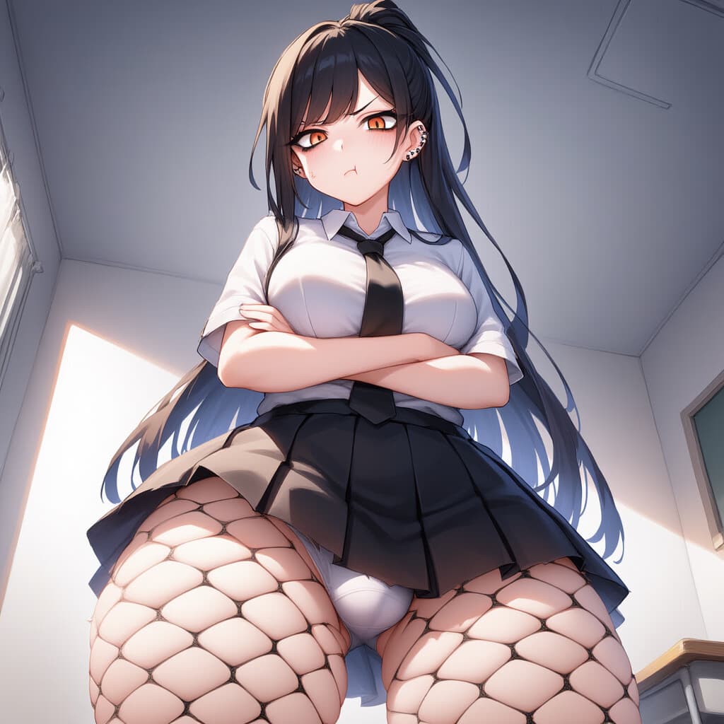 Charakterbild - angry pout with crossed arms, wearing school uniform with fishnet stockings, legs spread, revealing