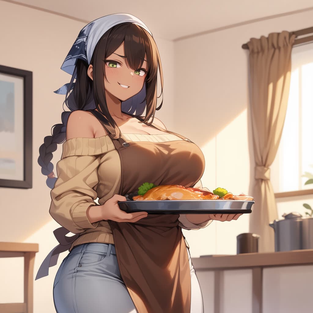캐릭터 이미지 - Happy expression, holding a baking tray with roasted chicken and vegetables, wearing a brown apron o